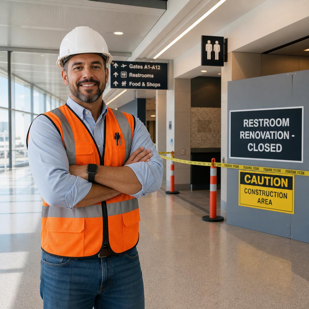Construction superintendent at an airport terminal restroom renovation close zone